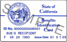 Older blue and white California Benefits Identification Card sample